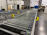 Roller conveyor system in a warehouse setting with brackets